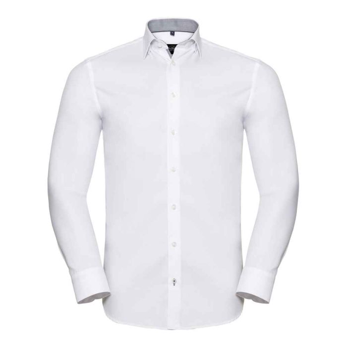 Russell Collection Long Sleeve Contrast Herringbone Shirt